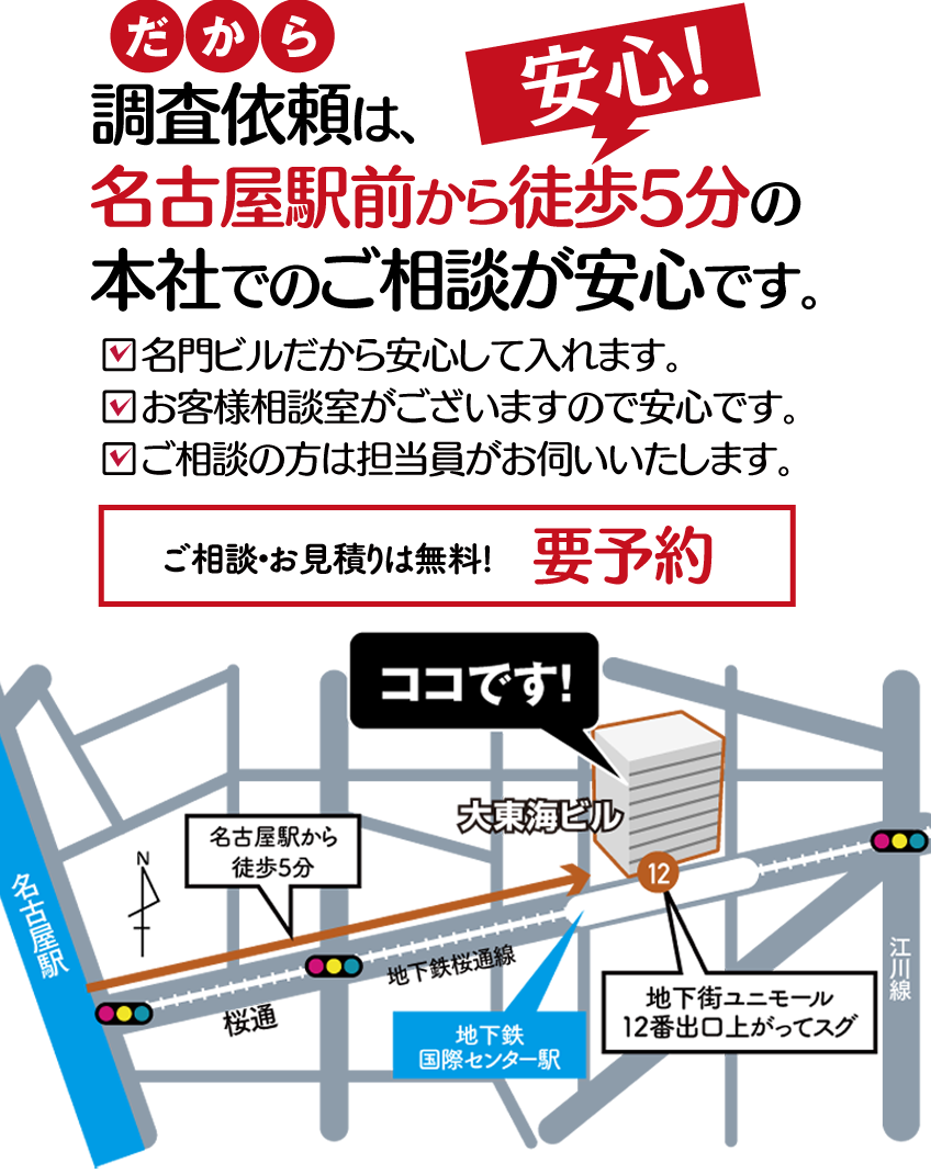 探偵選びは慎重に。名古屋駅前から徒歩5分の当探偵社でのご相談が安心です。